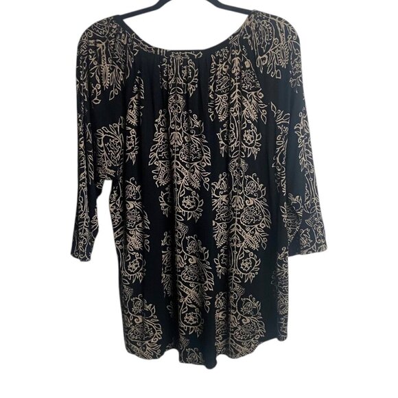 Lucky Brand Size 2X Black Tan Floral Blouse Top Prairie Boho Neutral Scoop Neck - Picture 3 of 5